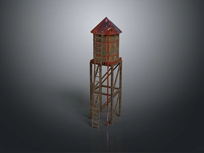 Wooden Water Tower Design With Red Roof And Metal Ladder Structure 3d model