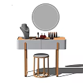 Elegant White Dressing Table With Round Mirror Cosmetics And Gold Stool 3d model