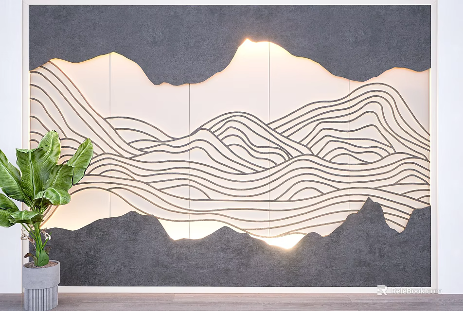 Elegant Modern Background Wall With Line Design Mountain Pattern And Lighting Effect 3d model 