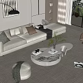 Modern Sofa and Coffee Table Set with Pillows Round Marble Table Striped Rug Green Plant