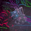 Mechanical Glove Weapon With Glowing Star Patterns Purple Pink Blue Neon Effects And Graffiti Background