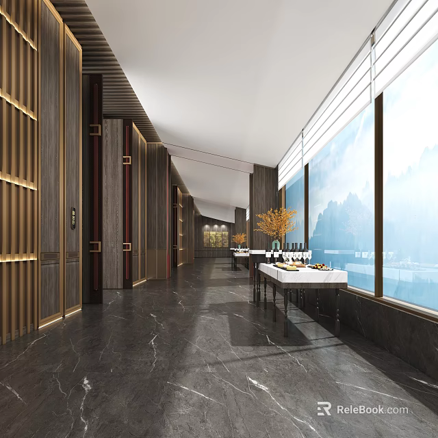 Elegant Banquet Hall Interior With Dark Marble Floor Wooden Decor Large Windows And Mountain View 3d model 