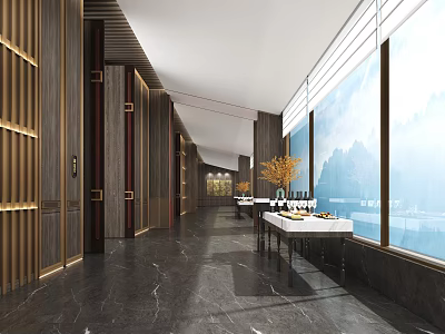 Elegant Banquet Hall Interior With Dark Marble Floor Wooden Decor Large Windows And Mountain View 3d model