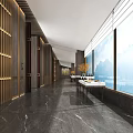 Elegant Banquet Hall Interior With Dark Marble Floor Wooden Decor Large Windows And Mountain View