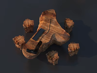 Handcrafted Wooden Root Carved Tea Table With Natural Design And Small Stools 3d model