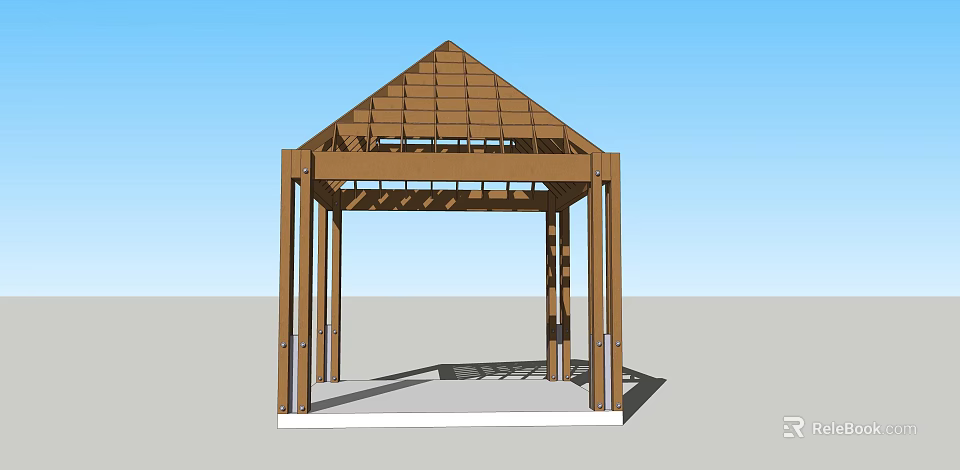 Wooden Outdoor Gazebo Structure With Triangular Roof And Support Columns 3d model 