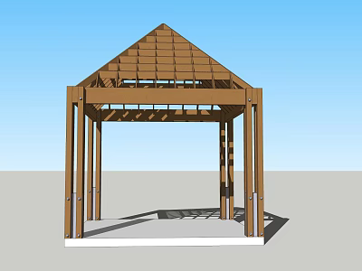 Wooden Outdoor Gazebo Structure With Triangular Roof And Support Columns 3d model
