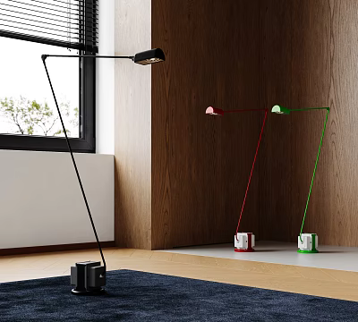 Modern Interior With Black Red Green Floor Lamps And Marble Bases By Wooden Wall 3d model