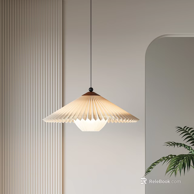Pleated White Pendant Light With Minimalist Wall And Green Plant Accent 3d model 