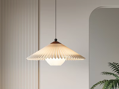 Pleated White Pendant Light With Minimalist Wall And Green Plant Accent 3d model