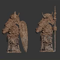 Male Warrior Statues with Intricate Armor Shield Spear and Carved Details