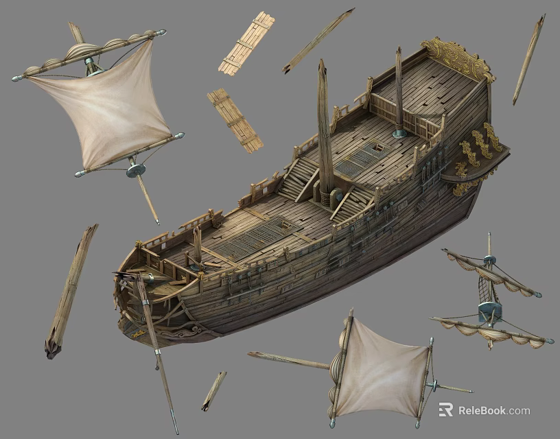 Traditional Wooden Ship Model With Wooden Deck Sails And Scattered Components 3d model 