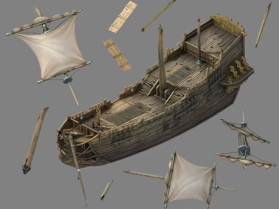 Traditional Wooden Ship Model With Wooden Deck Sails And Scattered Components 3d model