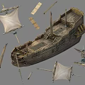 Traditional Wooden Ship Model With Wooden Deck Sails And Scattered Components