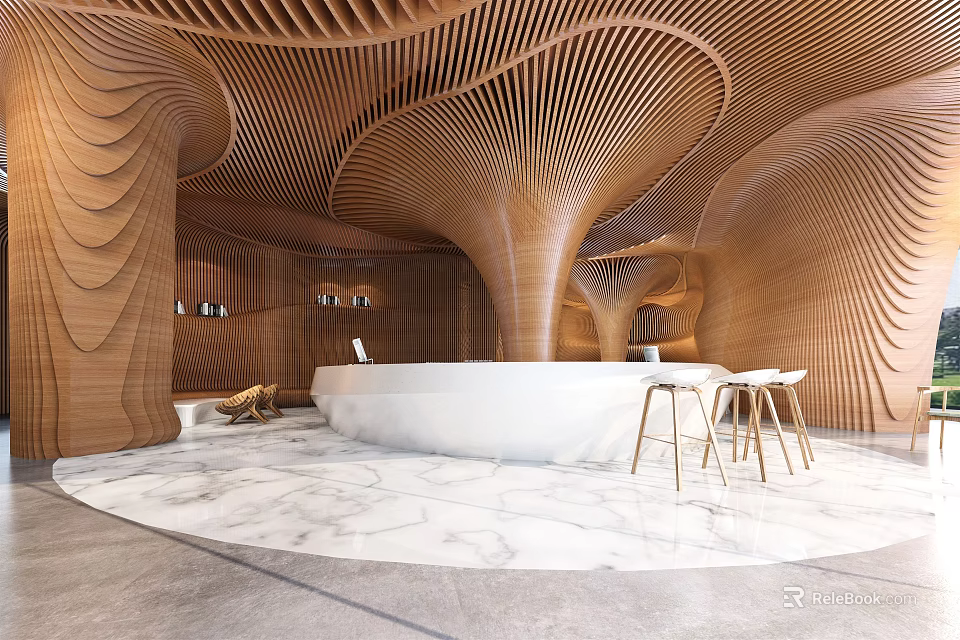 Modern Cafe Interior With Wavy Wooden Ceiling White Bar Counter Marble Floor And High Stools 3d model 