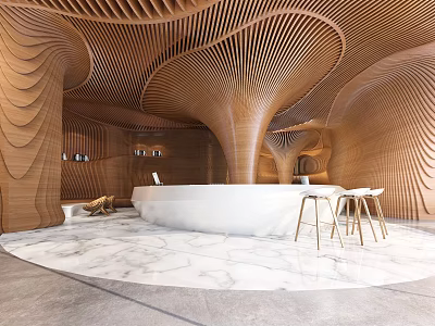 Modern Cafe Interior With Wavy Wooden Ceiling White Bar Counter Marble Floor And High Stools 3d model