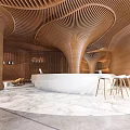 Modern Cafe Interior With Wavy Wooden Ceiling White Bar Counter Marble Floor And High Stools