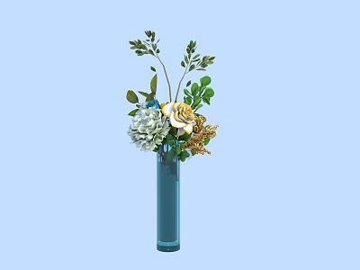 Beautiful Blue Vase With White And Yellow Flowers And Green Leaves 3d model