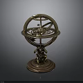 Brass Armillary Sphere Decorative Ornament With Intricate Ring Structure and Carved Base