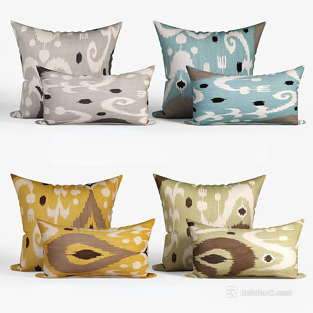 Gray Blue Yellow Brown Ikat Pattern Decorative Pillows For Home Sofa Decor 3d model 