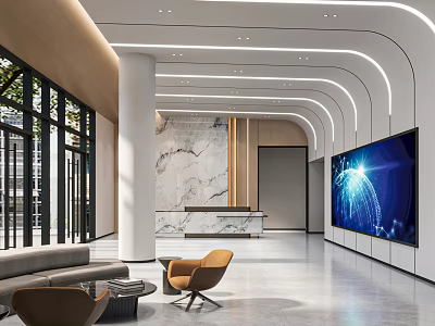 Elegant Modern Office Reception Lobby With Marble Counter Comfortable Seats And Large Digital Screen 3d model