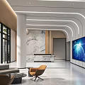 Elegant Modern Office Reception Lobby With Marble Counter Comfortable Seats And Large Digital Screen
