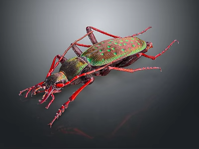 Shiny Green And Red Beetle With Long Red Legs On Dark Background 3d model
