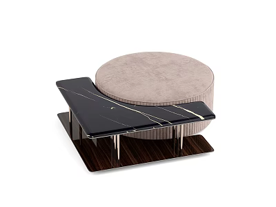 Modern Coffee Table With Circular Padded Top Black Marble Surface Golden Veins And Wooden Base 3d model