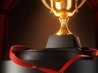 Shiny Gold Trophy With Red Ribbon On Black Base And Elegant Golden Details 3d model