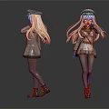 Anime Style Female Characters With Long Blonde Hair Hats Coats And Short Skirts