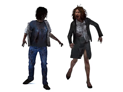 Male And Female Zombie Characters With Tattered Clothes And Bloody Appearance Walking 3d model