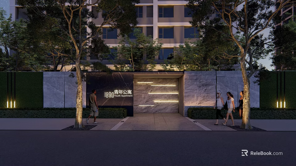 Modern Entrance Gate Design With Stone Wall Lighting And Surrounding Trees 3d model 