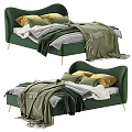 Luxurious Green Velvet Double Bed With Gold Legs Yellow Grey Pillows And Tassel Blankets