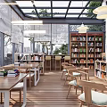 Modern Reading Room Interior With Wooden Bookshelves Tables Chairs And City View Windows