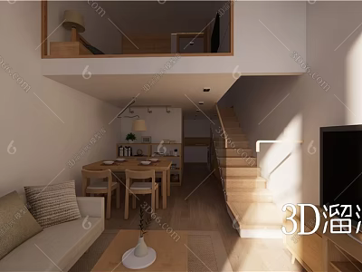Modern Minimalist Apartment Open Layout Living Room Sofa Dining Table Wooden Staircase Natural Light 3d model