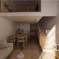 Modern Minimalist Apartment Open Layout Living Room Sofa Dining Table Wooden Staircase Natural Light