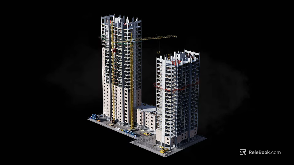 Active Construction Site Featuring High Rise Buildings Under Construction With Tower Crane And Construction Vehicles 3d model 