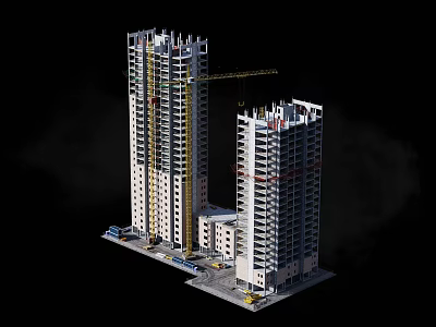 Active Construction Site Featuring High Rise Buildings Under Construction With Tower Crane And Construction Vehicles 3d model