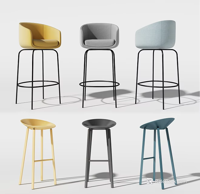 Modern Minimalist Bar Stools with Multiple Colors Backrest and Backless Metal Base 3d model