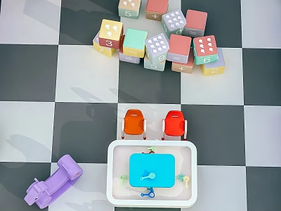 Colorful Toy Blocks With Toy Car And Sink On Checkerboard Floor 3d model