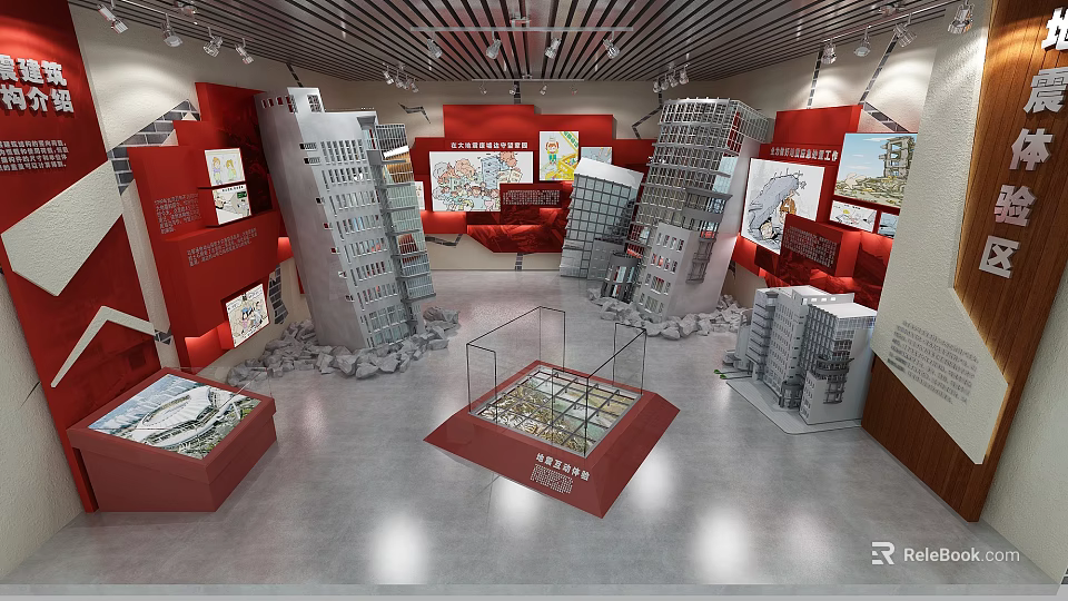 Red Themed Exhibition Hall With Architectural Models Display Boards And Glass Cases 3d model