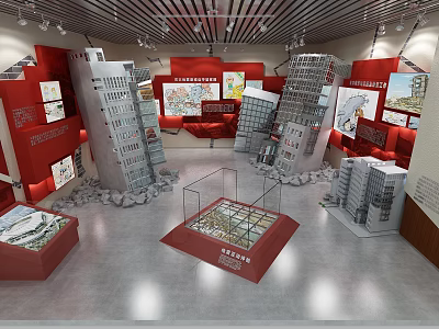 Red Themed Exhibition Hall With Architectural Models Display Boards And Glass Cases 3d model