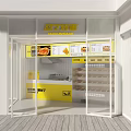 Yellow Restaurant Interior With Open Kitchen Menu Display Counter And Shelves 3d model