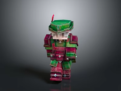 Pixel Art Armored Man Wearing Green Helmet And Red Armor Against Gray Background 3d model
