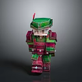 Pixel Art Armored Man Wearing Green Helmet And Red Armor Against Gray Background