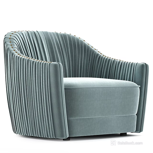 Light Blue Velvet Single Seater Sofa With Pleated Back And Studded Edges 3d model 