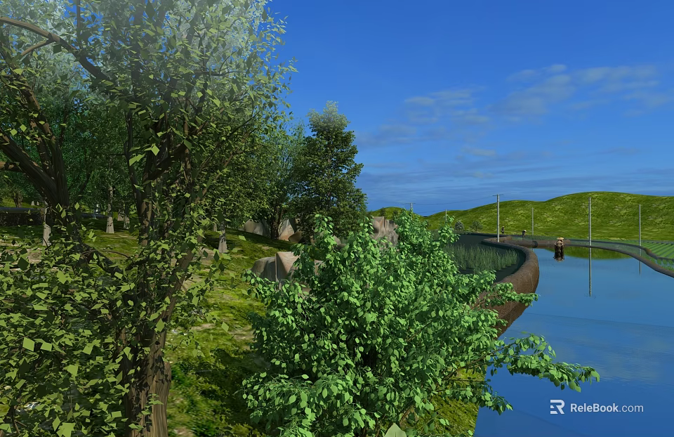 Rural Landscape With Green Trees Blue Sky White Clouds And Calm River 3d model 