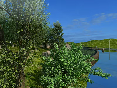 Rural Landscape With Green Trees Blue Sky White Clouds And Calm River 3d model