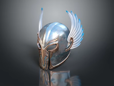 Decorative Metallic Helmet With Blue Silver Sheen And Winged Design 3d model