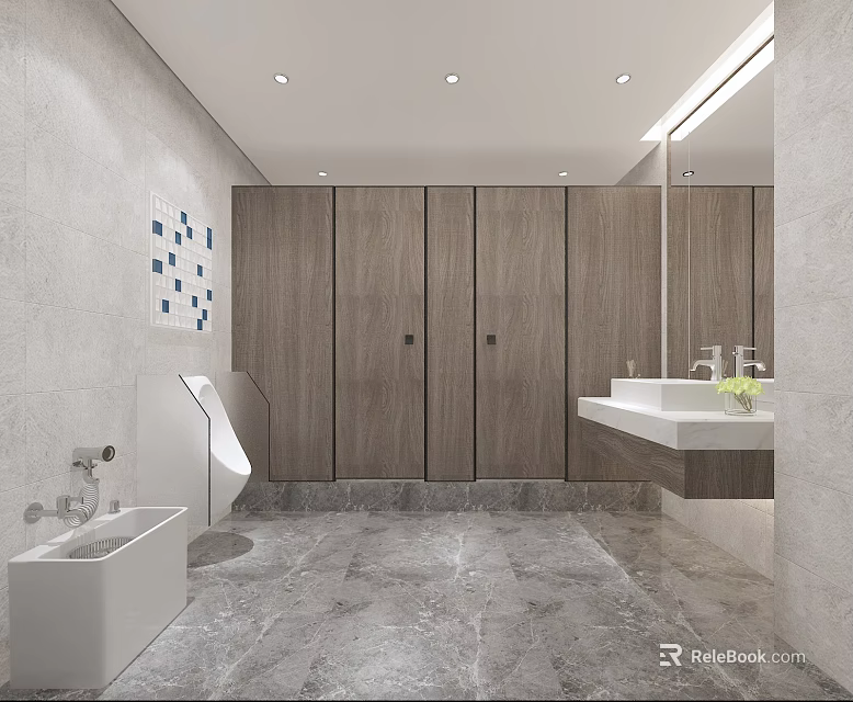 Public Restroom Interior With Modern Wooden Stalls White Washbasin And Marble Floor 3d model 